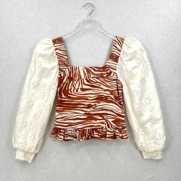 LOVE THE LABEL Shirt Womens S Cotton Puff Sleeve Top Zebra Eyelet ANTHROPOLOGIE - Picture 2 of 16